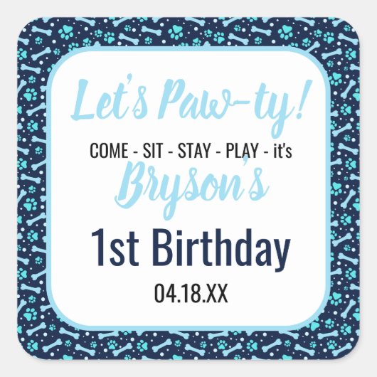 Aangepaste Hond Verjaardag Blauwe Poot Print Puppy Vierkante Sticker (Voorkant)