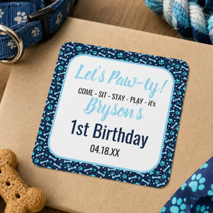 Aangepaste Hond Verjaardag Blauwe Pootafdruk Puppy Vierkante Sticker