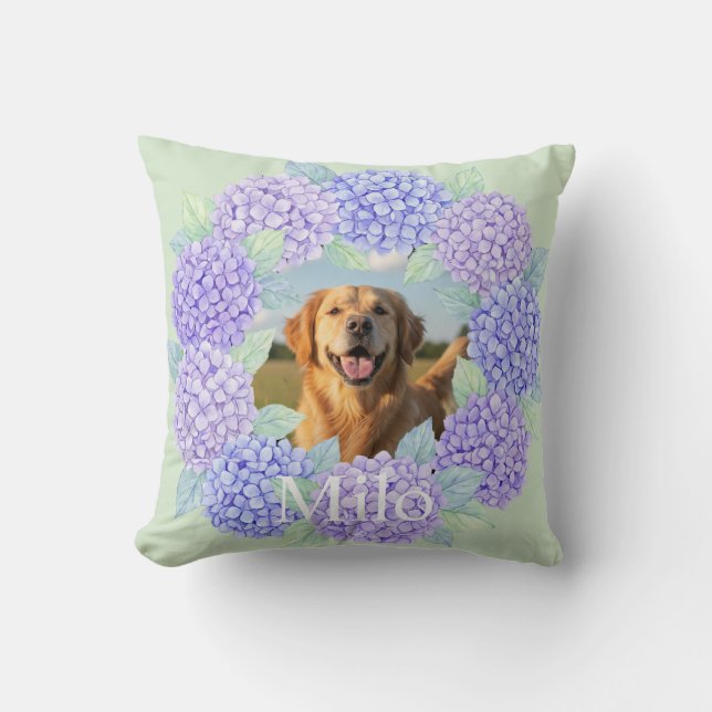 Aangepaste hondenfoto paarse hortensia krans kussen (Voorkant)