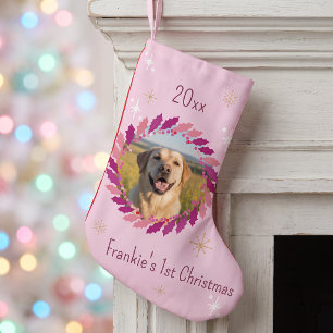 Aangepaste hondenfoto roze krans glinsterend huisd kleine kerstsok