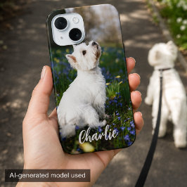 Aangepaste hondenfoto telefoonhoes met huisdiernaa iPhone 15 case