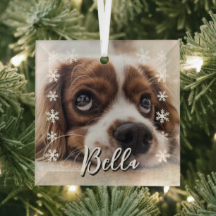 Aangepaste hondennaam Foto Sneeuwvlokken Kerstmis Glas Ornament