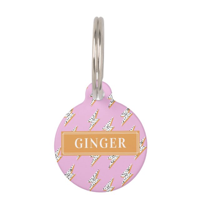 Aangepaste Hondennaam Roze Lightning Bolt Huisdierpenning (Voorkant)