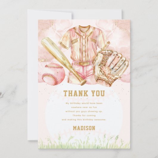 Aangepaste honkbal luxe meisje verjaardag bedankkaart (Voorkant)