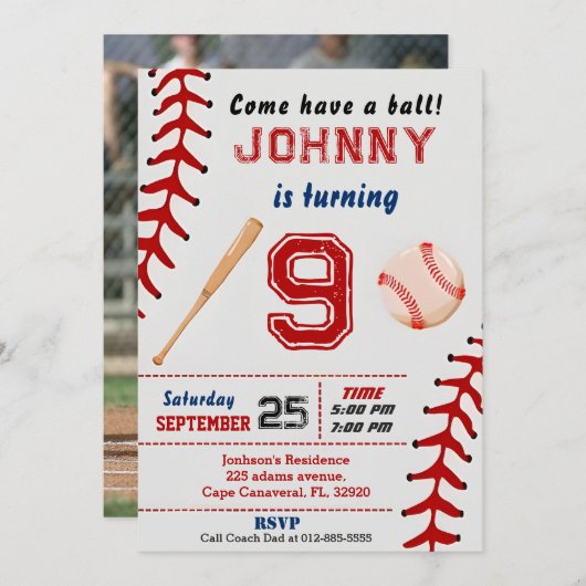 Aangepaste honkbal verjaardag uitnodiging met foto (Voorkant / Achterkant)