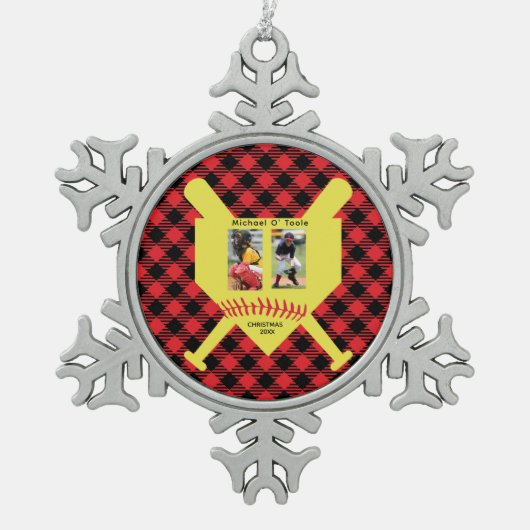 Aangepaste honkbalnaam, fotocollage tin sneeuwvlok ornament (Voorkant)