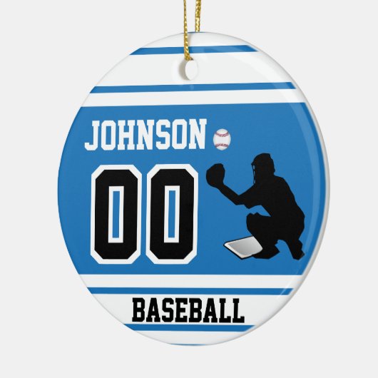 Aangepaste honkbalvanger | Blauw en wit Keramisch Ornament (Links)