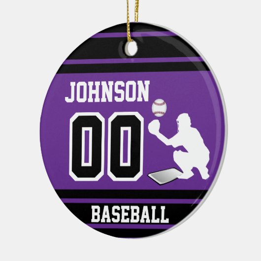 Aangepaste honkbalvanger | Paars en zwart Keramisch Ornament (Links)