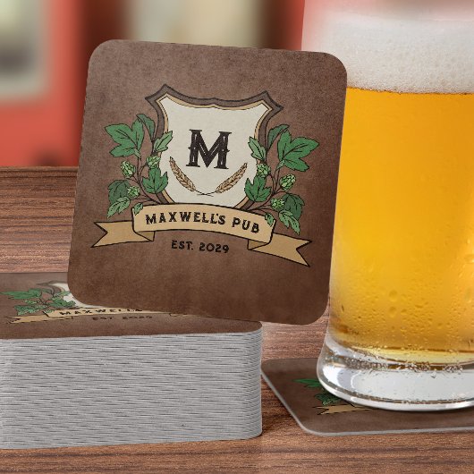 Aangepaste Hoppen Gerst Crest Uw Pub Monogram Kartonnen Onderzetters