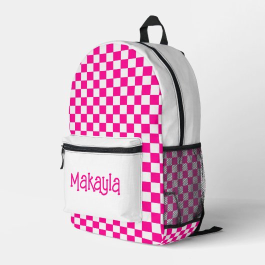 Aangepaste Hot Pink en Witte Geruite Bedrukte Rugzak (Achterkant Hoek Rechts)