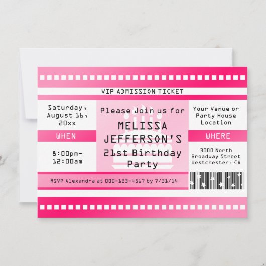 Aangepaste Hot Pink Verjaardagsfeesttoegangskaart Kaart (Voorkant)