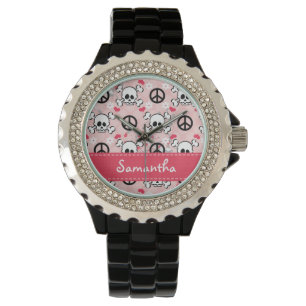 Aangepaste hotroze en zwarte schedel horloge