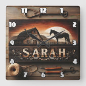 Aangepaste houten teken met paard en schuur in zon vierkante klok (Voorkant)