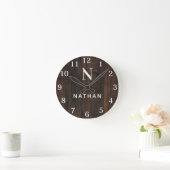 Aangepaste houten textuur naam monogram ronde klok (Huis)