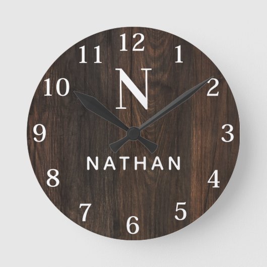 Aangepaste houten textuur naam monogram ronde klok (Voorkant)
