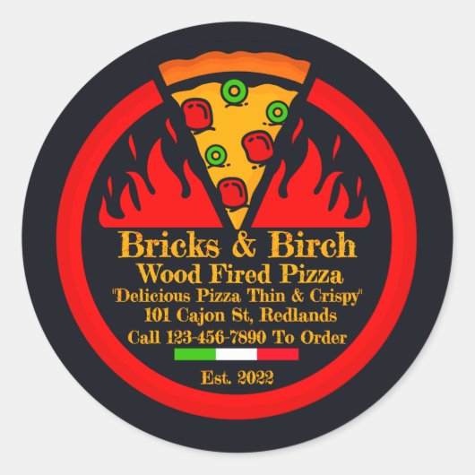 Aangepaste houtgestookte pizzarestaurantpromo ronde sticker (Voorkant)