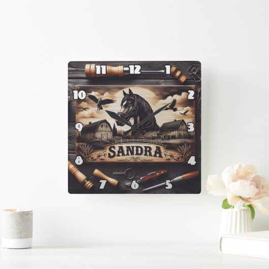 Aangepaste houtgravure van paard en schuren vierkante klok (Huis)