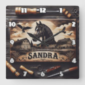 Aangepaste houtgravure van paard en schuren vierkante klok (Voorkant)