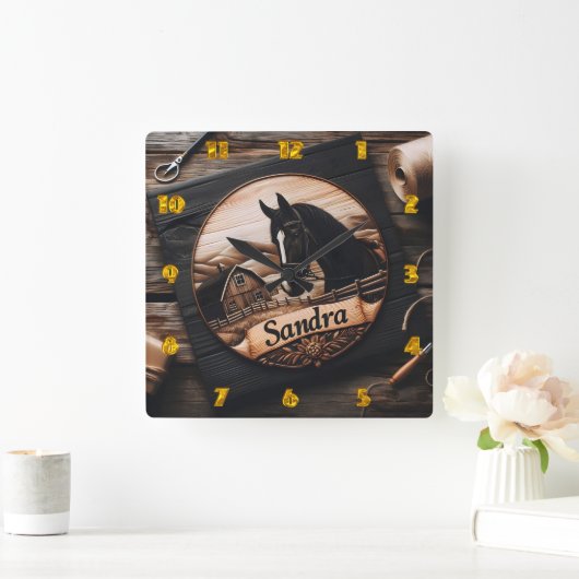 Aangepaste houtsnijwerk van paard en schuur vierkante klok (Huis)