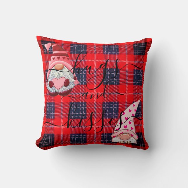Aangepaste HUGS en KISSES Gnome Buffalo Plaid Vale Kussen (Voorkant)