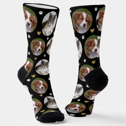 Aangepaste Huisdier 2 Foto Hart Zwart Wit Paw Prin Sokken (Gebogen)