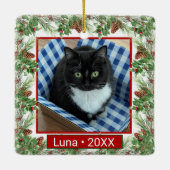 Aangepaste huisdier foto en naam Holly bladeren &  Keramisch Ornament (Achterkant)