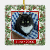 Aangepaste huisdier foto en naam Holly bladeren &  Keramisch Ornament (Voorkant)