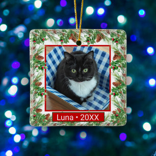 Aangepaste huisdier foto en naam Holly bladeren & Keramisch Ornament