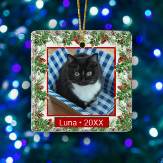 Aangepaste huisdier foto en naam Holly bladeren & Keramisch Ornament