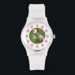 Aangepaste huisdier foto horloge - roze paw afdruk<br><div class="desc">Een horloge met een roze pootafdruk met cijfers. Personaliseer met uw eigen huisdier foto uploaden in het centrum.</div>