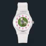 Aangepaste huisdier foto horloge - roze paw afdruk<br><div class="desc">Een horloge met een roze pootafdruk met cijfers. Personaliseer met uw eigen huisdier foto uploaden in het centrum.</div>