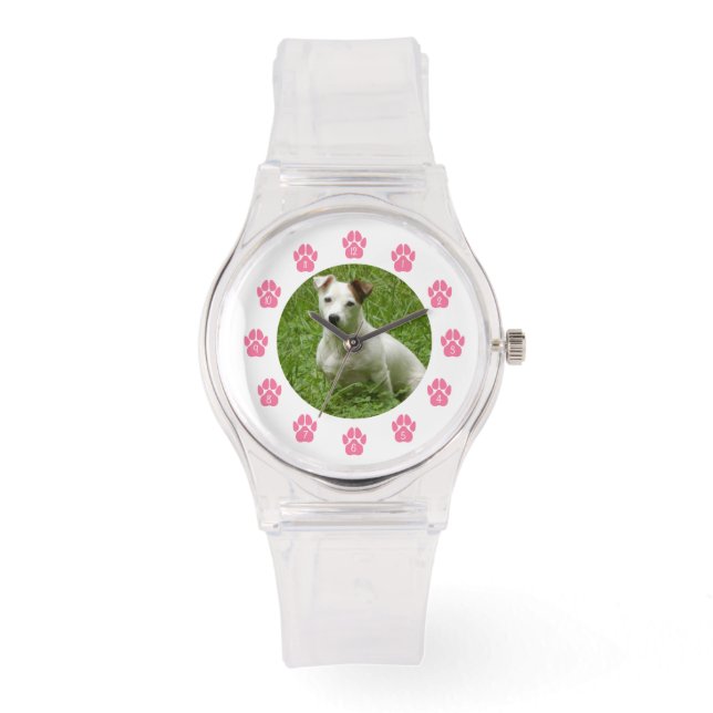 Aangepaste huisdier foto horloge - roze paw afdruk (Voorkant)