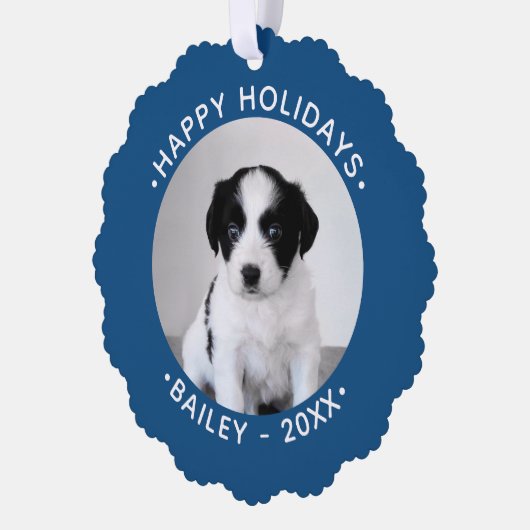 Aangepaste huisdier foto met naam Blue Border Holi Ornament Kaart (Links)