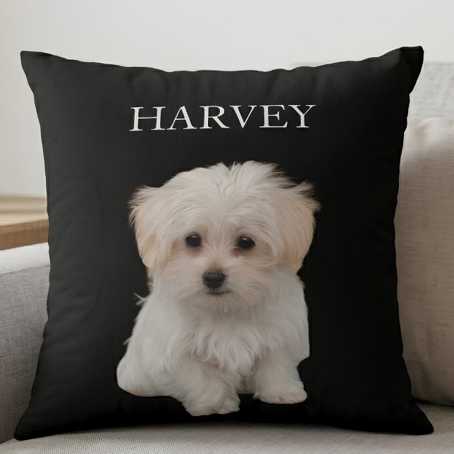 Aangepaste huisdier foto & naam Zwart "Harvey" Kussen (Creator heeft geüpload)