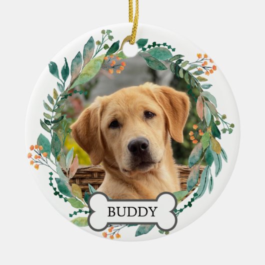 Aangepaste huisdier foto Waterverf groen bloemenkr Keramisch Ornament (Voorkant)