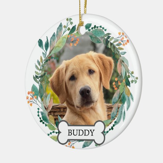 Aangepaste huisdier foto Waterverf groen bloemenkr Keramisch Ornament (Links)