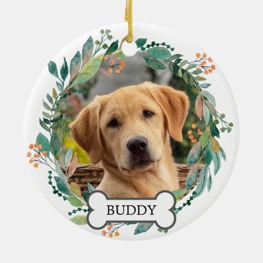 Aangepaste huisdier foto Waterverf groen bloemenkr Keramisch Ornament (Achterkant)