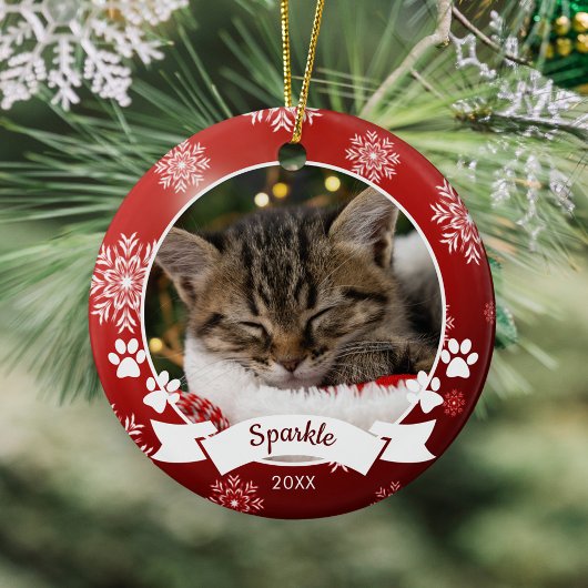 Aangepaste Huisdier Kat Foto Paw Prints Rode Kerst Keramisch Ornament