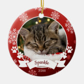 Aangepaste Huisdier Kat Foto Paw Prints Rode Kerst Keramisch Ornament (Voorkant)