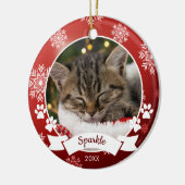 Aangepaste Huisdier Kat Foto Paw Prints Rode Kerst Keramisch Ornament (Links)