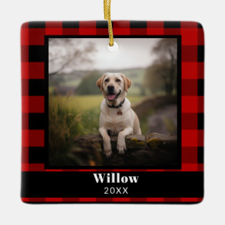 Aangepaste huisdier Memorial foto Buffalo Plaid Keramisch Ornament