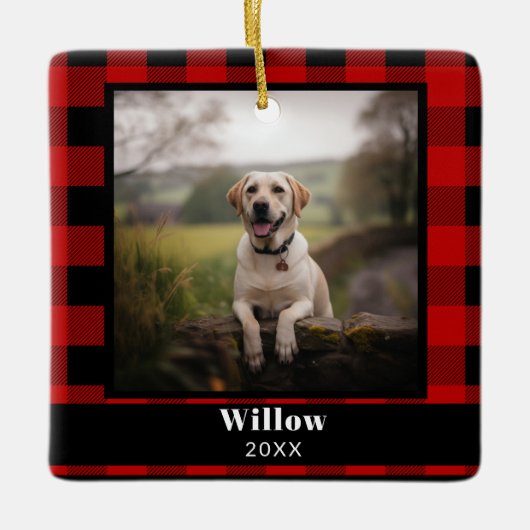 Aangepaste huisdier Memorial foto Buffalo Plaid Keramisch Ornament (Voorkant)