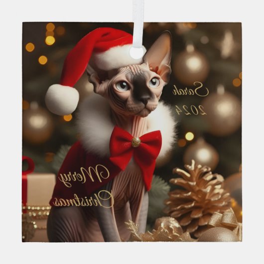 Aangepaste Huisdier Naam Foto Sphynx Kat Kerstmis  Glas Ornament (Achterkant)