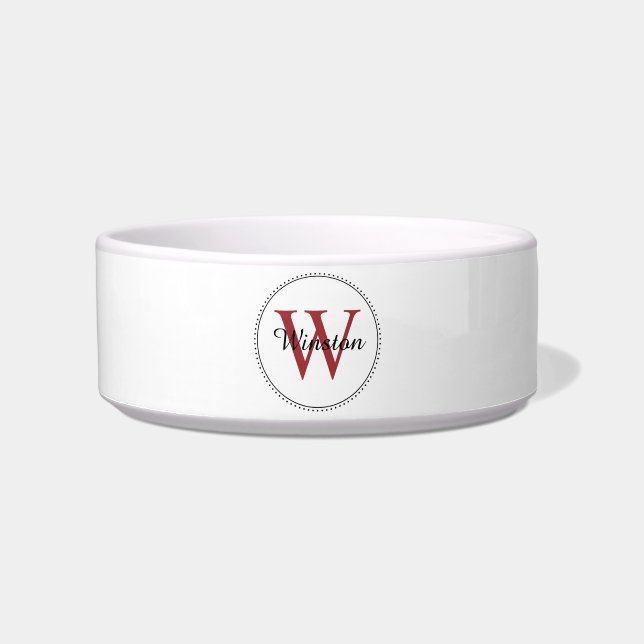 Aangepaste Huisdier Naam Rood Monogram Wit Huisdie Voerbakje (Voorkant)