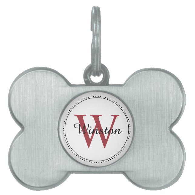 Aangepaste Huisdier Naam Rood Monogram Wit Huisdieren Naamplaatje (voorkant)