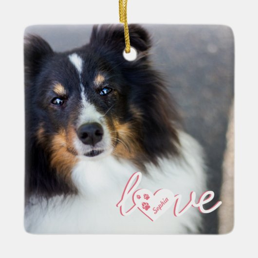 Aangepaste huisdierfoto & liefde tekst met poten & keramisch ornament (Voorkant)