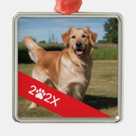 Aangepaste huisdierfoto met jaar- en pootlint metalen ornament