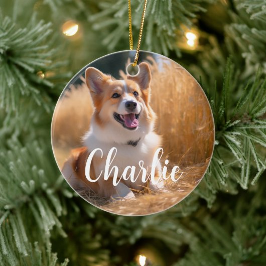 Aangepaste huisdierfoto met naam keramisch ornament (Boom)