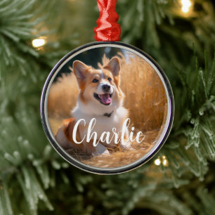 Aangepaste huisdierfoto met naam metalen ornament
