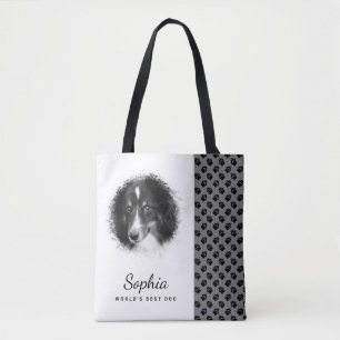Aangepaste huisdierfoto & Zwarte poten op grijs & Tote Bag